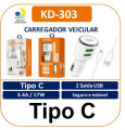 Carregador Carro 2x USB - Tipo C - 3.4A - Kaidi