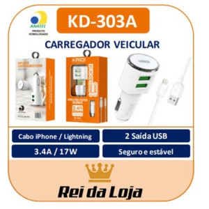 Carregador Carro USB Duplo - iPhone - 3.4A Kaidi