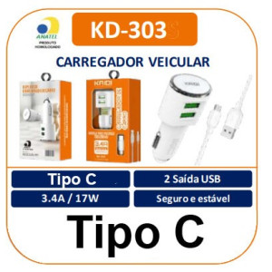 Carregador Carro 2x USB - Tipo C - 3.4A - Kaidi